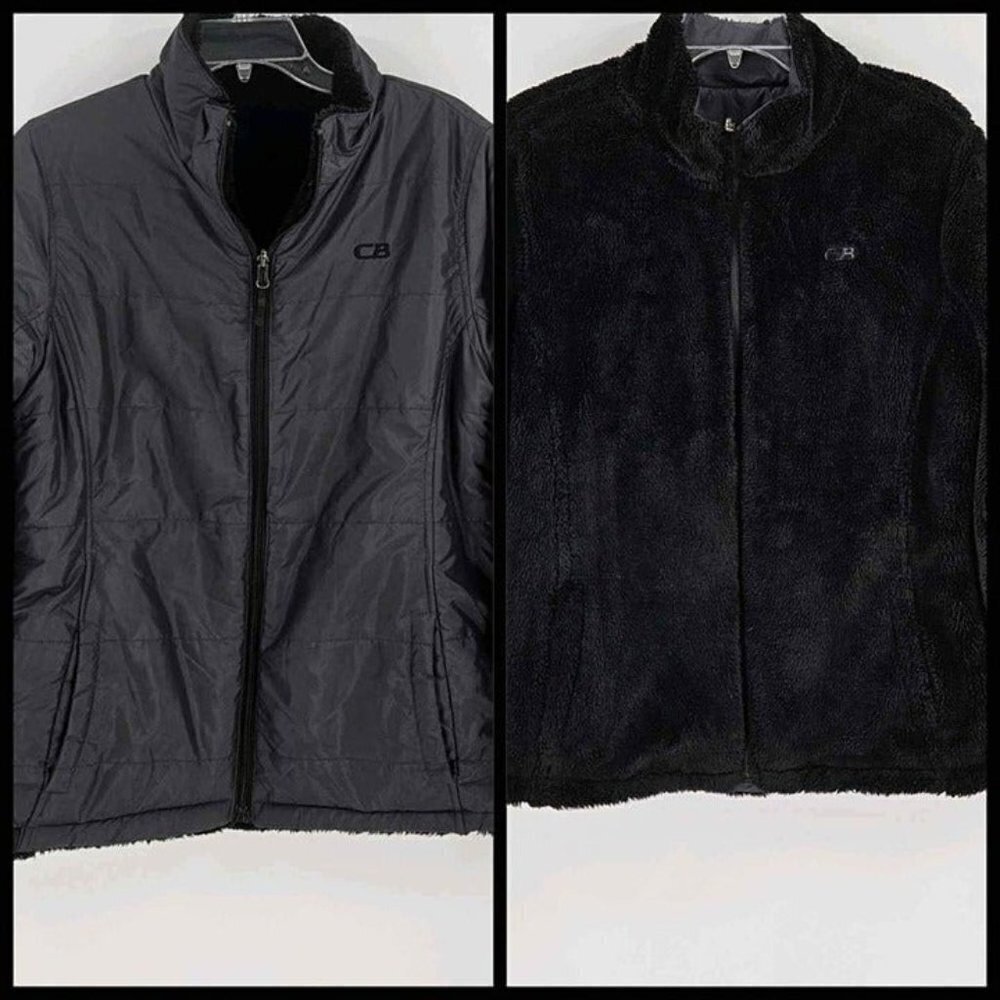 CB Womens Black Faux Fur Reversible to Gray Jacket Zip Front w/Pockets Sz L